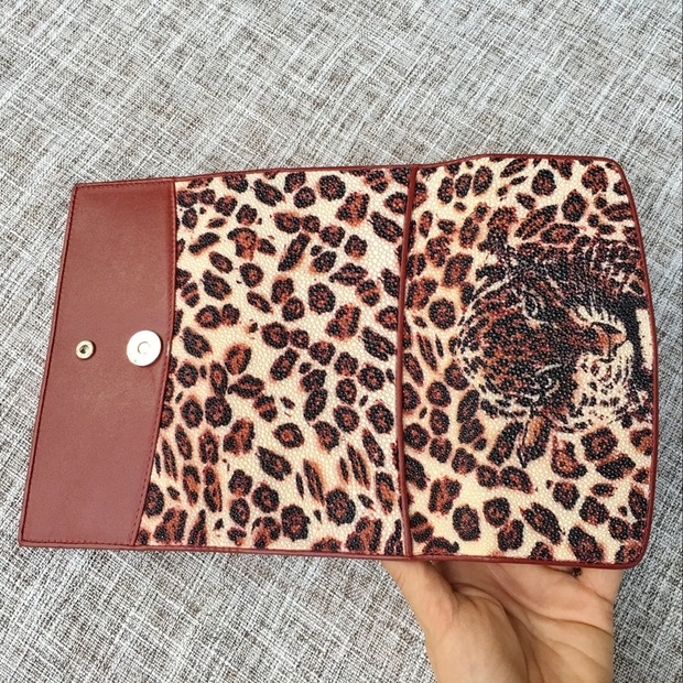 Authentic Stingray Skin Leopard Tiger Designer Long Wallet Genuine Leather Women Large Clutch Purse Lady Card Holder