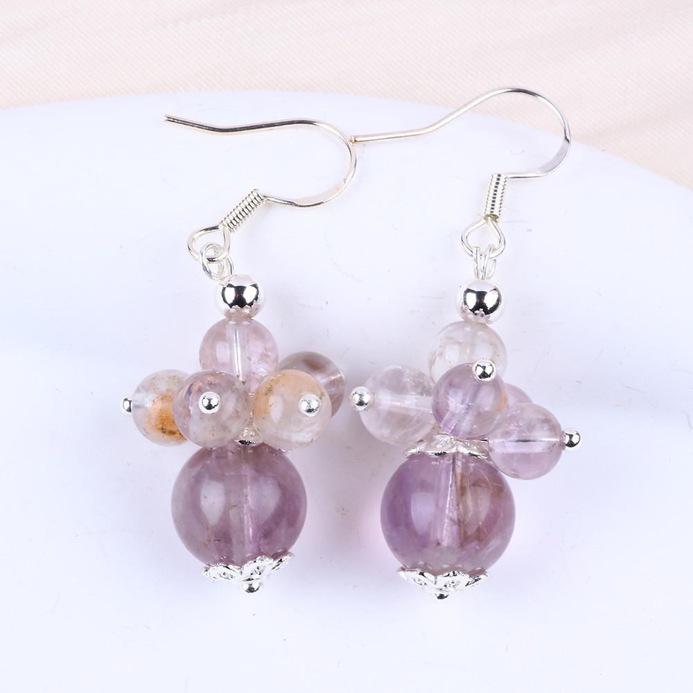 Natural Stone Earring 8MM 10MM Healing Lavender Azeztulite Crystal Bead Dangle Flower Earring