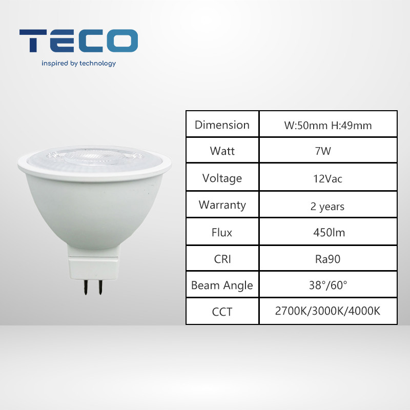 7Watt GU5.3 MR16 LED Bulbs 3000K RA90 36 Degree Beam Angle Dimmable LED Spotlight