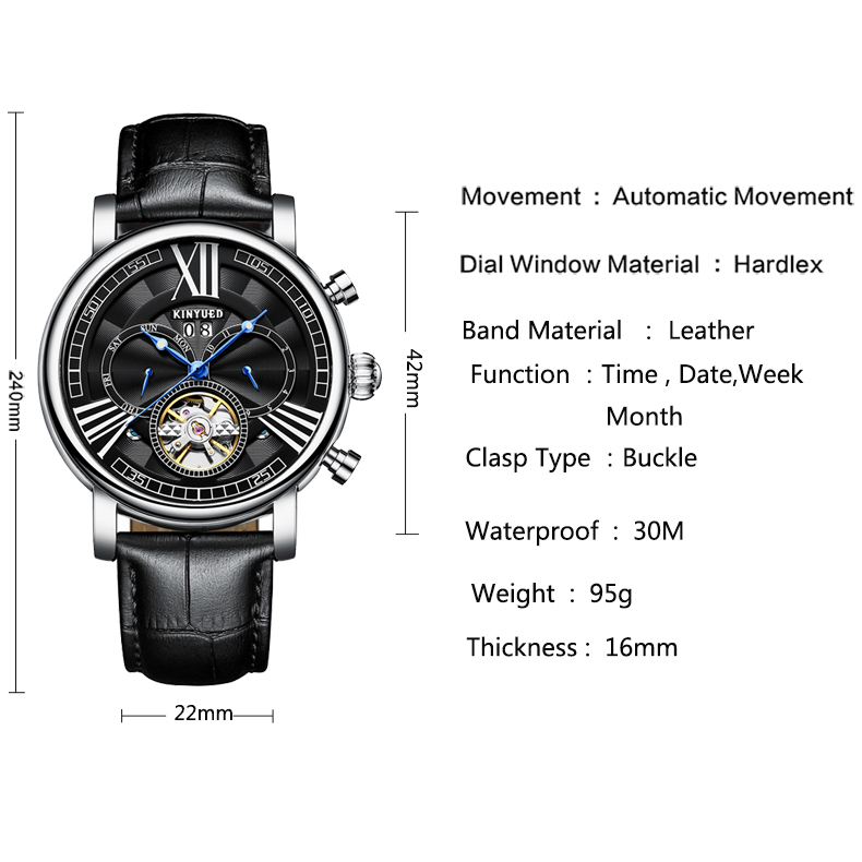 Hardlex Glass Luxury Mechanical Watches 22mm Band Width Buckle Clasp