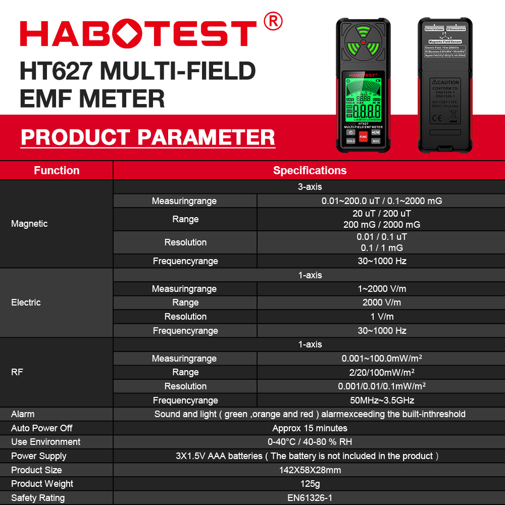 HT627 EMF Meter Professional Electromagnetic Field Radiation Detector Handheld Portable Radio Frequency Warn Meter
