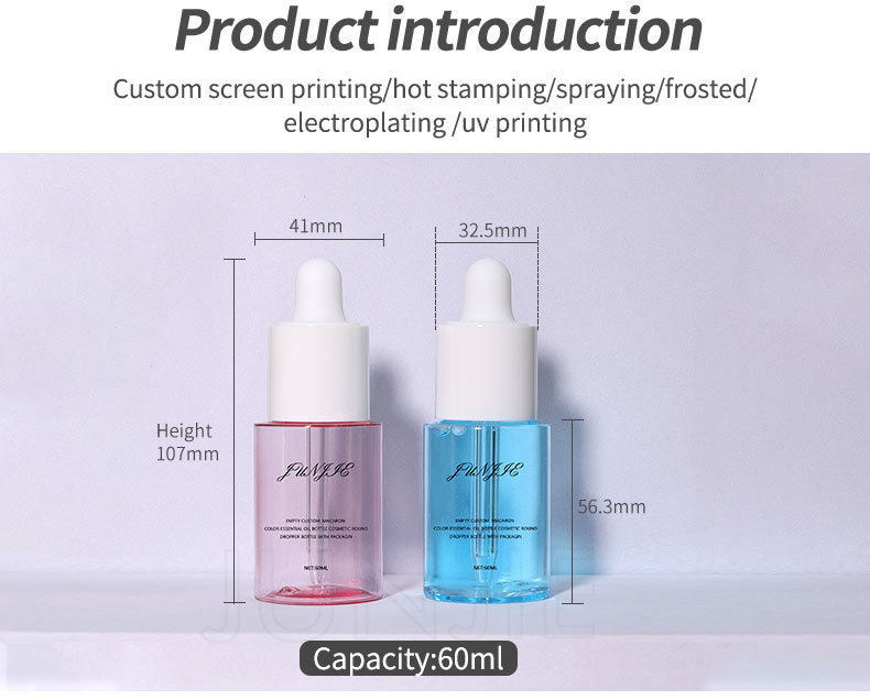 Luxury Hair Essential Oil Dropper Transparent 60ml Empty Plastic Cosmetic Moisturizer Tanning Oil Bottle Custom Color Skin Care