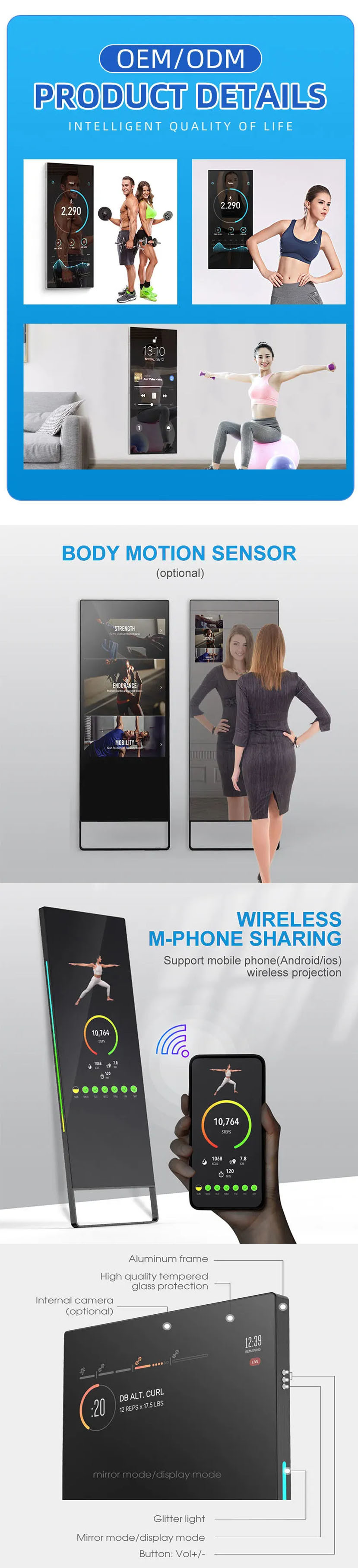 43 Inch LCD Advertising Display Smart Fitness Mirror Touch Screen