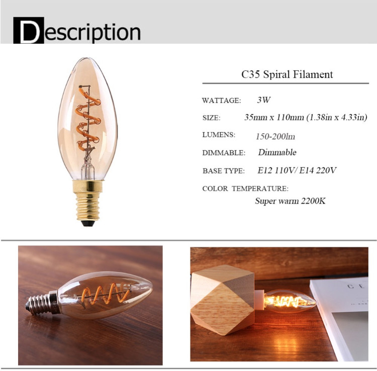 C35 Spiral LED Filament Bulb E14 E12 110V 220V 3W Vintage Edison Bulb Lamp