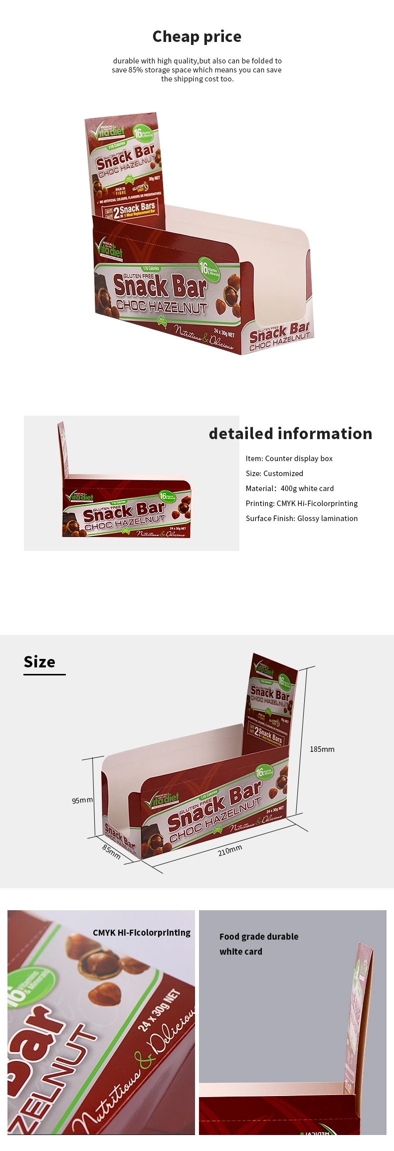 Cheap Custom Retail Logo Printed foldable Corrugated Cardboard Counter Display Box For Snack Bar Packaging