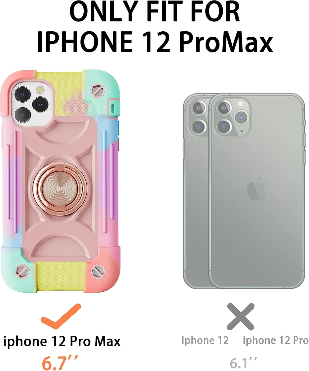 iPhone 12 Pro Max Case 6.7" - Heavy-Duty Shockproof, Ring Stand, Glass Screen & Camera Lens Protector (Rainbow Pink)