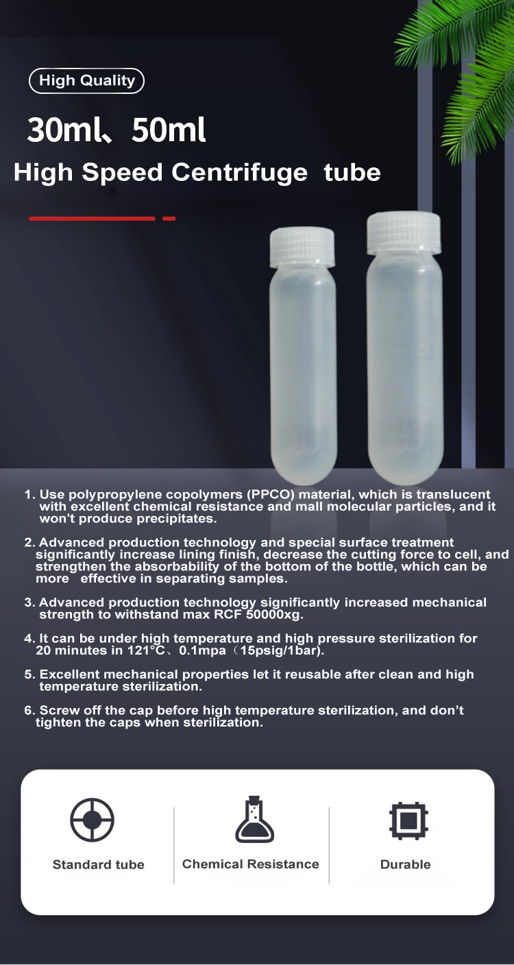 High Speed Centrifuge Tube Autoclavable in 30ml 50ml Sizes PPCO Material for Beckman Centrifuge