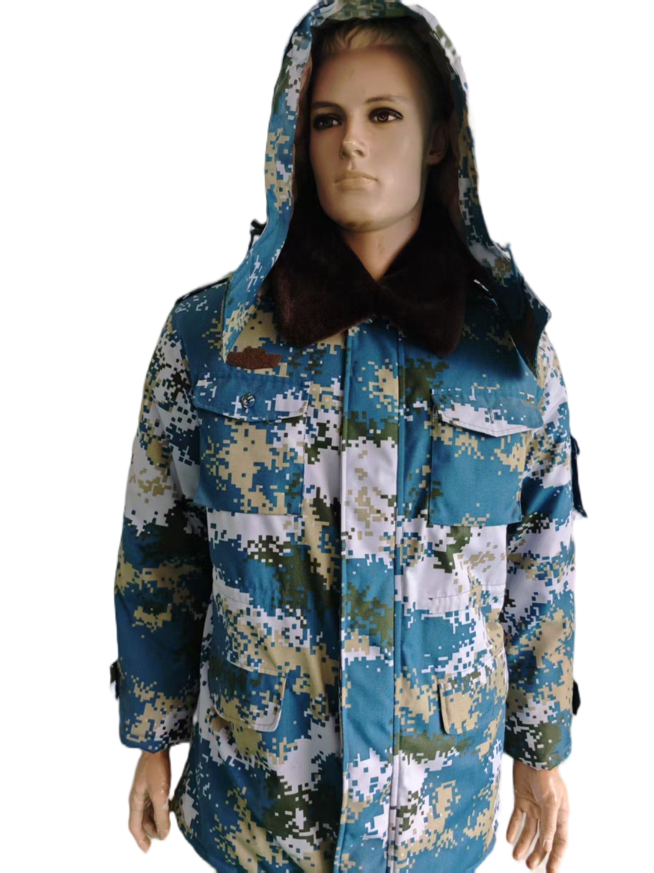 Tactical Blue Camo Insulated Jacket - Detachable Thermal Liner & Adjustable Waist Strap