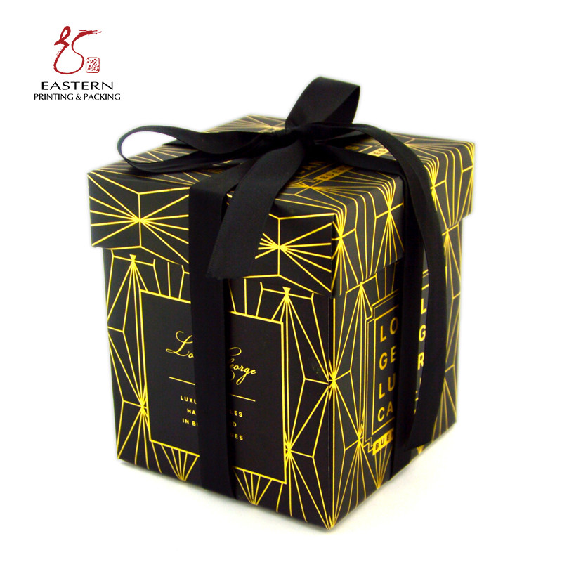 Black Silk Ribbon 157gsm Coated Paper Candle Packaging Box With Lid