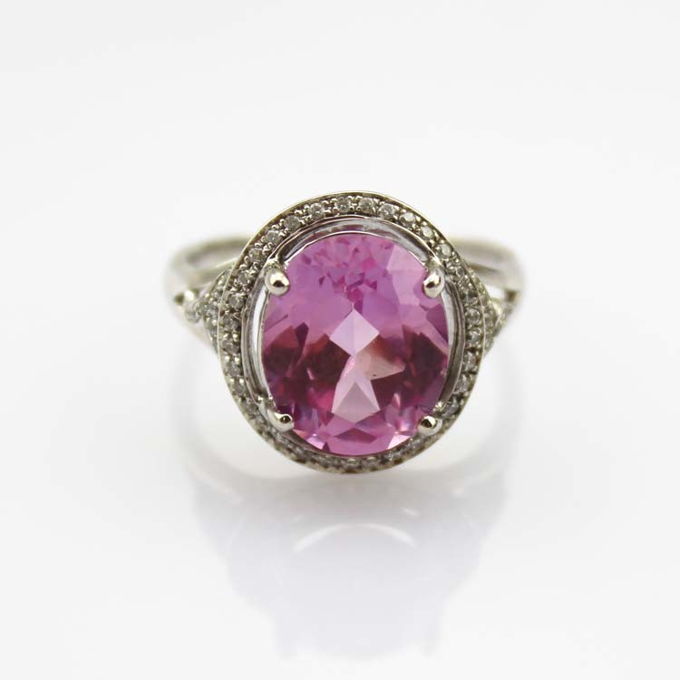 925 Silver Ring 9mmx11mm Pink Cubic Zircon and Rhinestone Ring (R134)