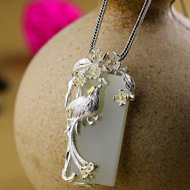 925 Sterling Silver Sculptured Flower Bird Natural Jade Pendant Necklace (DZ011049)