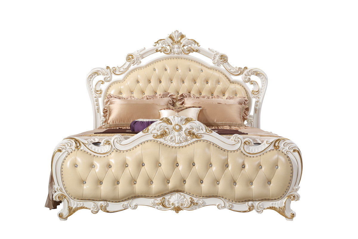 Luxury Bed Sets of Ivory White high quality bedroom furniture brands Leather upholstered Queen size Bed for Villa house
