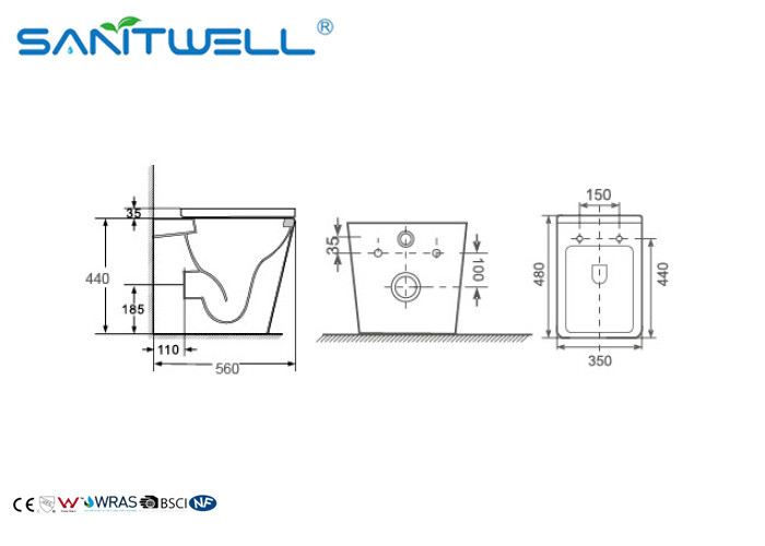 American market WC Wall Faced Toilet , P trap Washdown Dual Flush Two piece toile