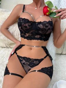 China Lace Mesh Ladies Sexy Lingerie Sets Perspective Seduction Three Piece Underwear on sale