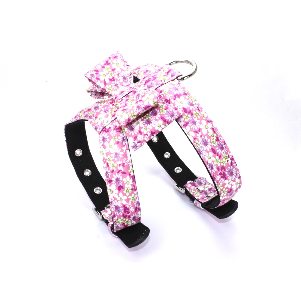No Pull Leather Adult Dog Walking Training Harness With Bow Floral Design