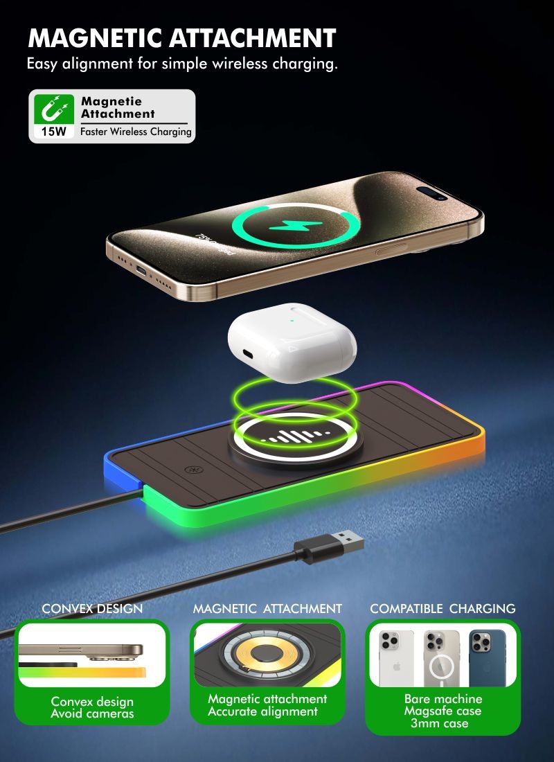 Silicone Car Wireless Charging Pad RGB LED Qi Apple Samsung Earbuds Compatibility