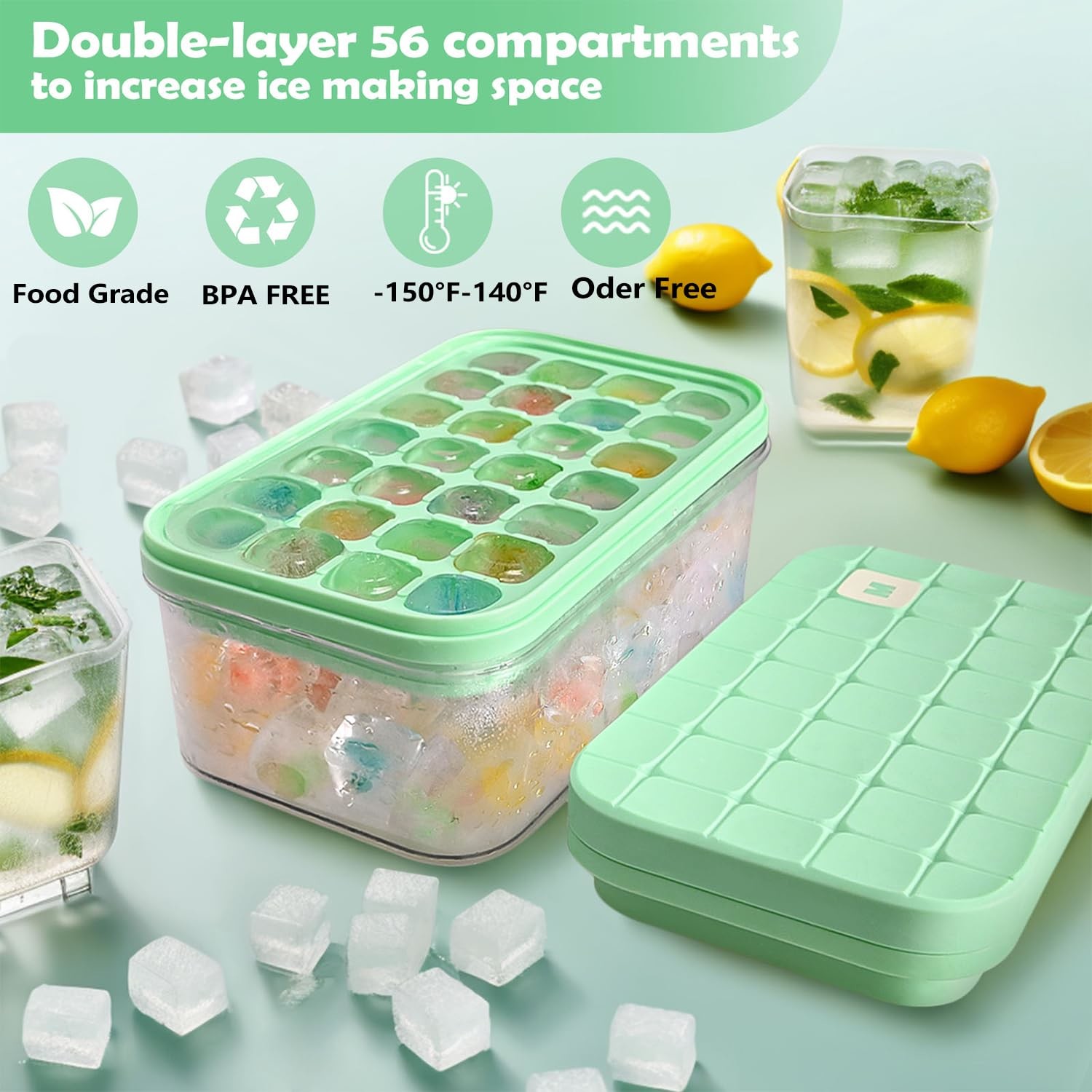 Freezer Food Grade Lce Cube Tray With Lid And Bin BPA Free Silicone Ice Cube Trays Molds