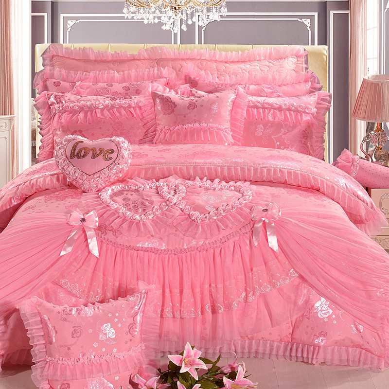 100% Cotton Solid Color Velvet Lace Bed Duvet Cover Fitted Skirt Sheets 4pcs Bedding Set