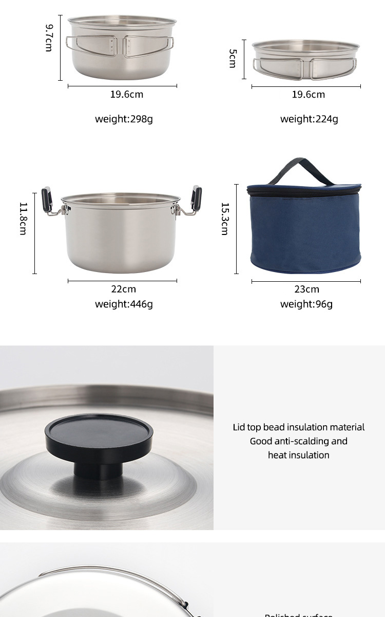High Quality 304 Stainless Steel Outdoor Cooking Pot Set Camping Cookware Set With Storage Bag
