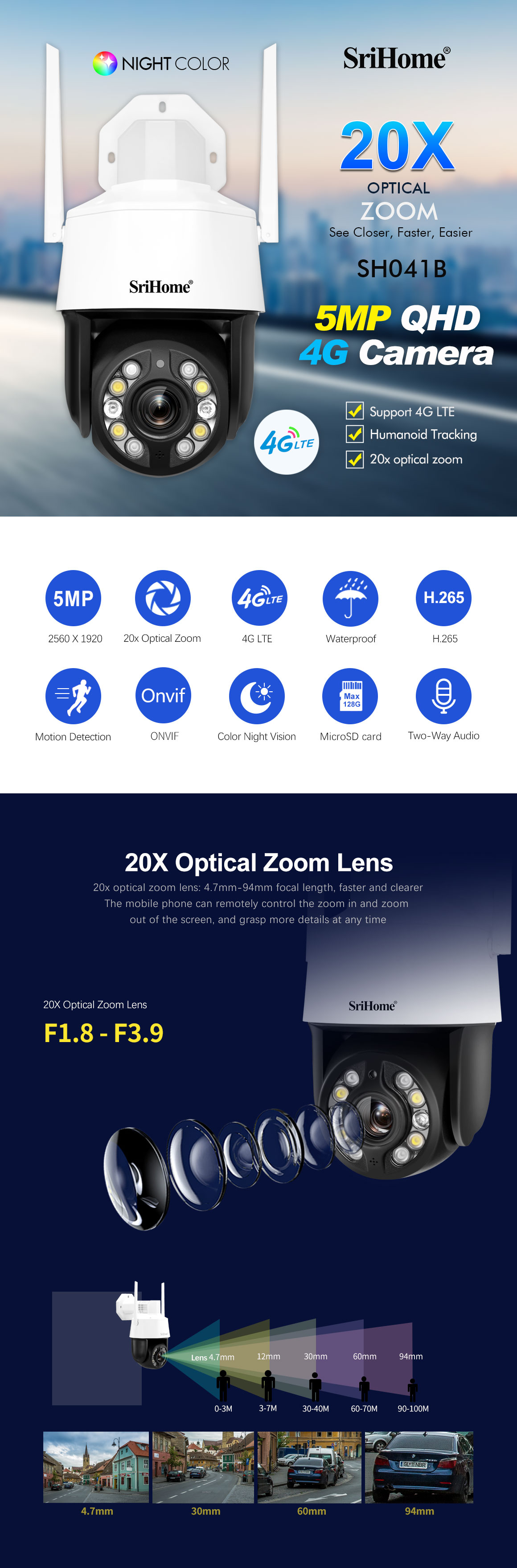5MP 20x Zoom High Speed Two Way Audio CCTV Camera Wireless Outdoor Monitor Security 4G PTZ Camera