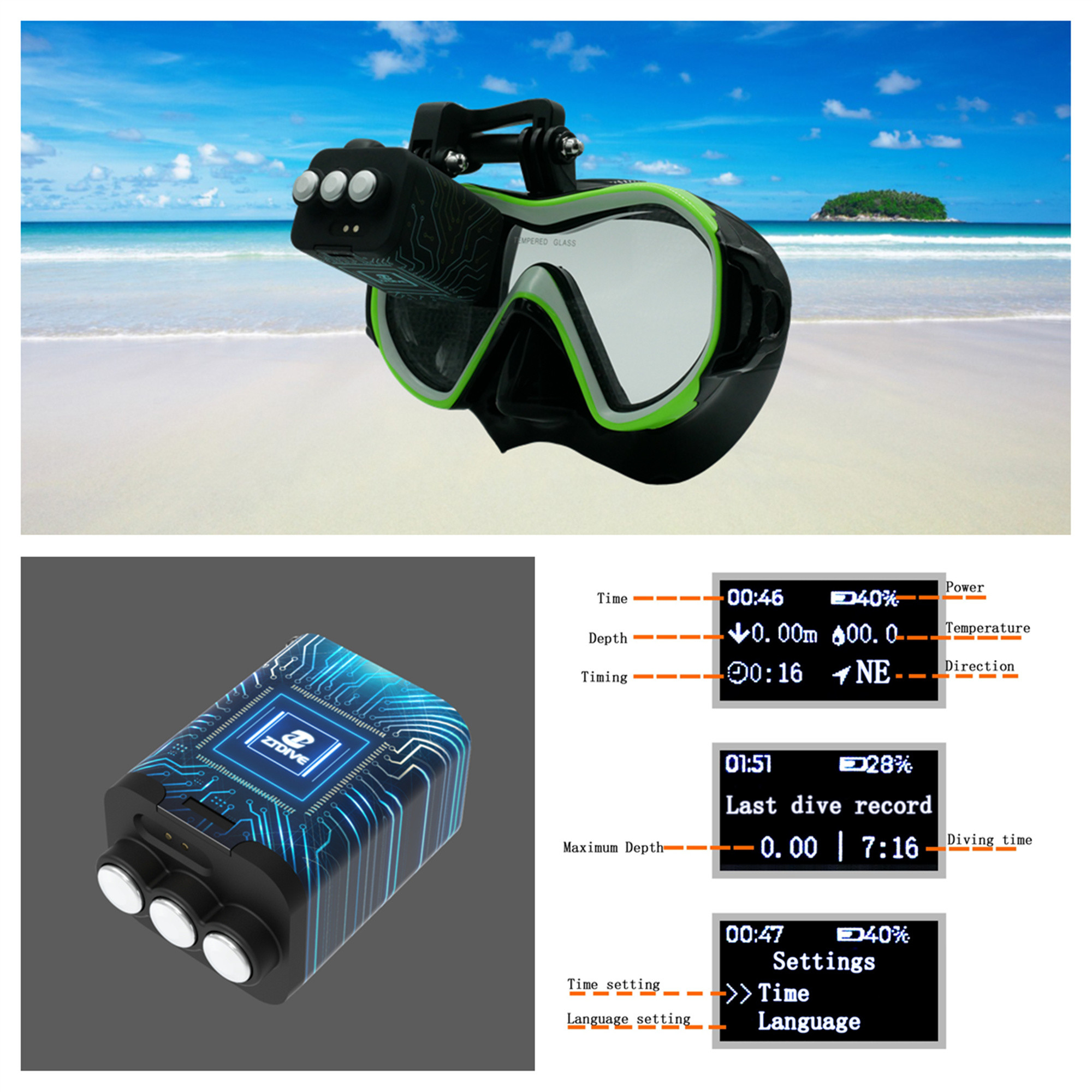 Diving Mask HUD With Data Diaplay，Scuba Diving Computer Instrument