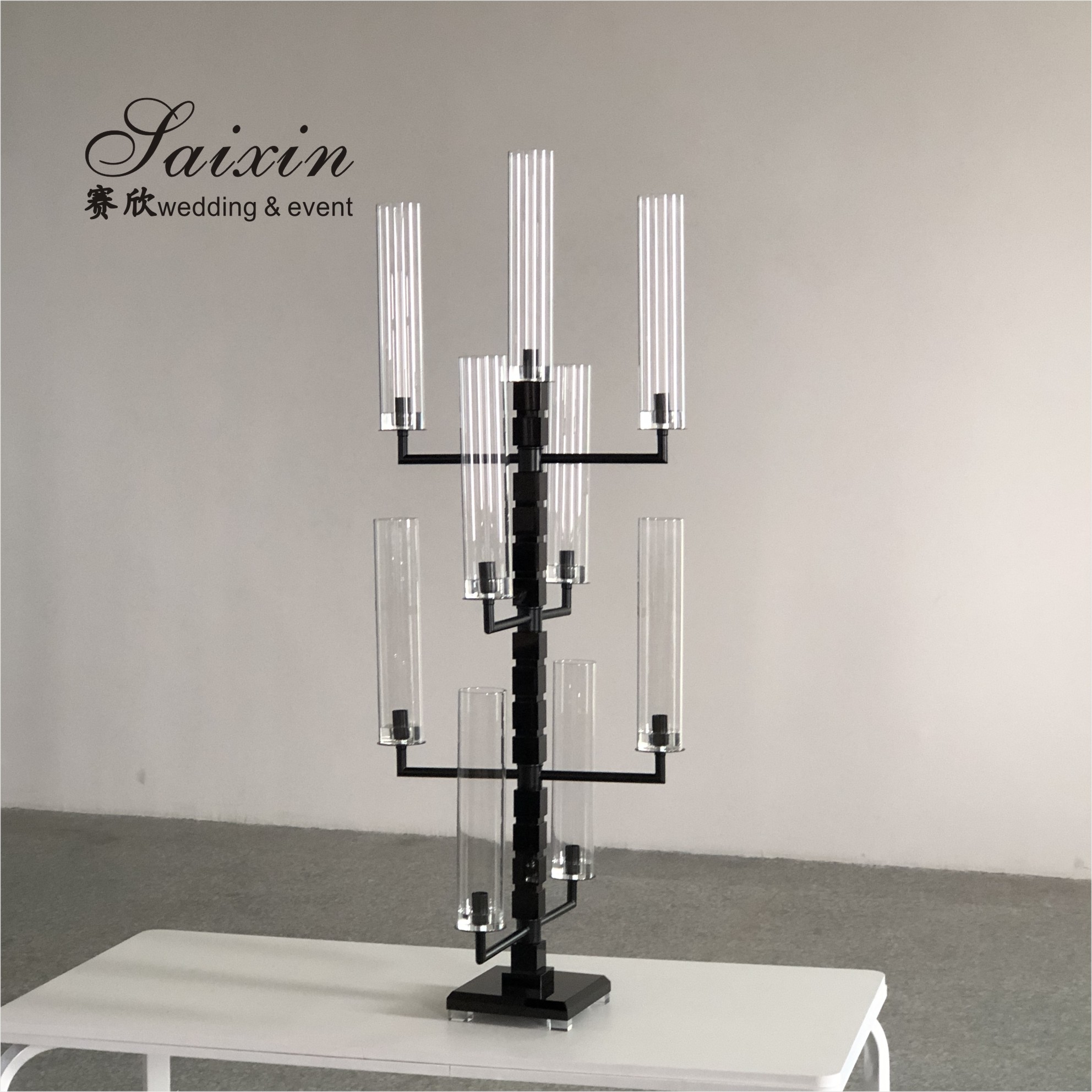 Elegant Trendy 9 Arm Crystal Candelabra for Interior Decor custom tall tube black Silver