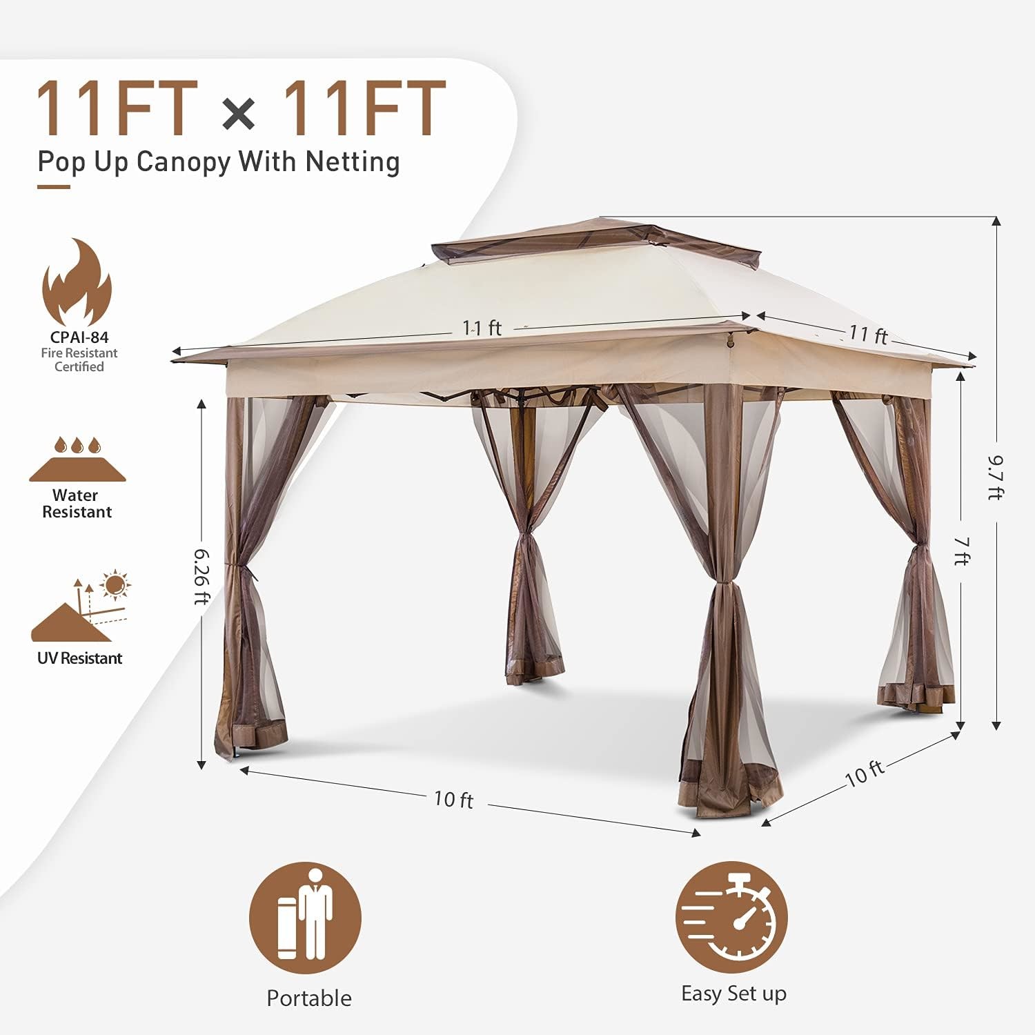 11x11 Pop-Up Instant Gazebo Tent with Mosquito Netting Outdoor Canopy Shelter with 121 Square Feet of Shade