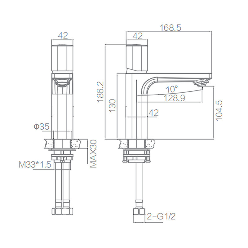 Restaurant Mall F1A9039C Small Brass Basin Taps 168.5mm Hot Cold Water
