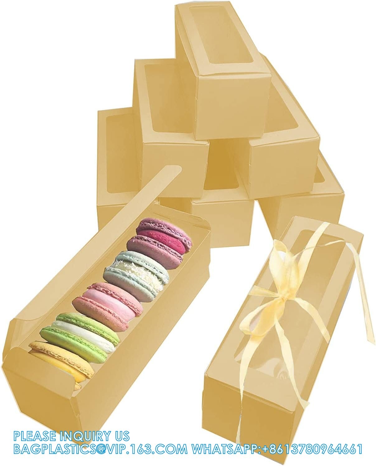 Bakery Boxes Brown With Clear Display Window Macaron Containers For 6 Macaron Gift Box With 1 Pcs 72ft Golden Ribbon