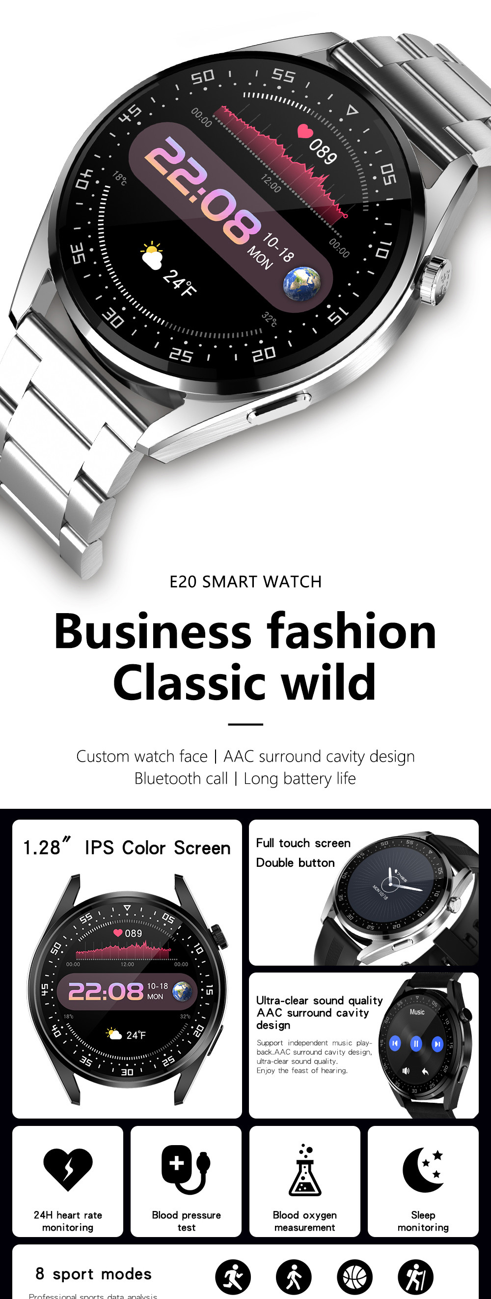 280mAh Clip Charging Bluetooth Calling Smartwatch Unisex E20 4.2BLE