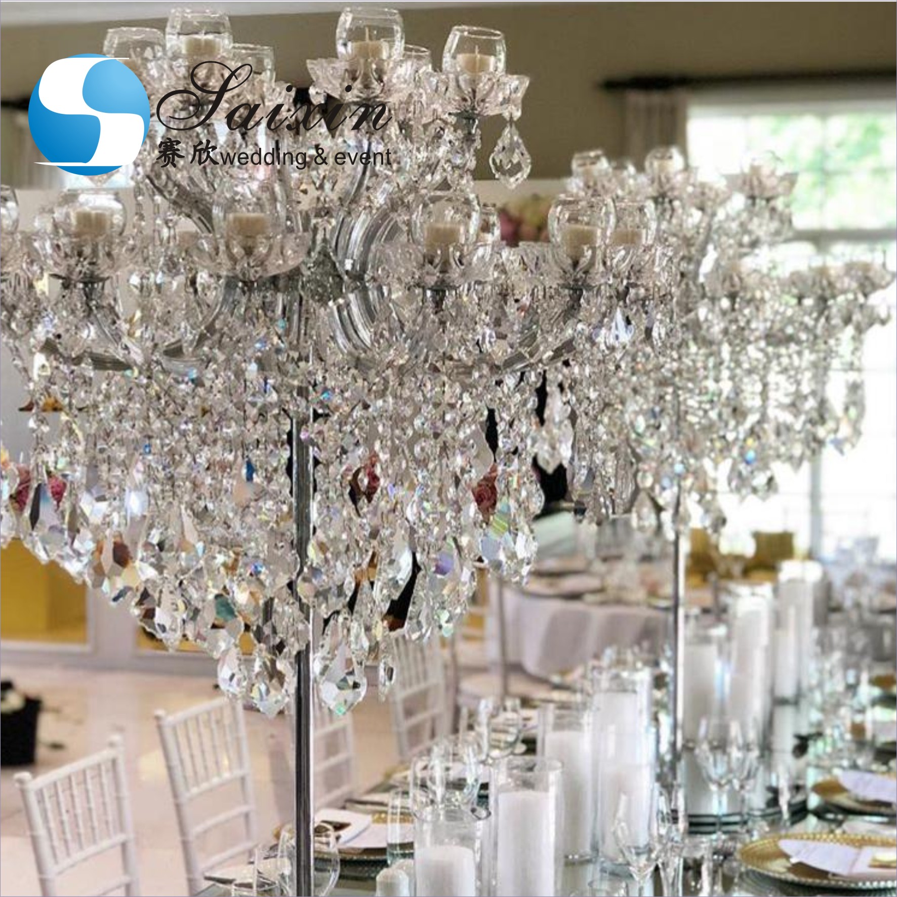 Luxury 15 head crystal beaded candle stand for wedding table centerpieces