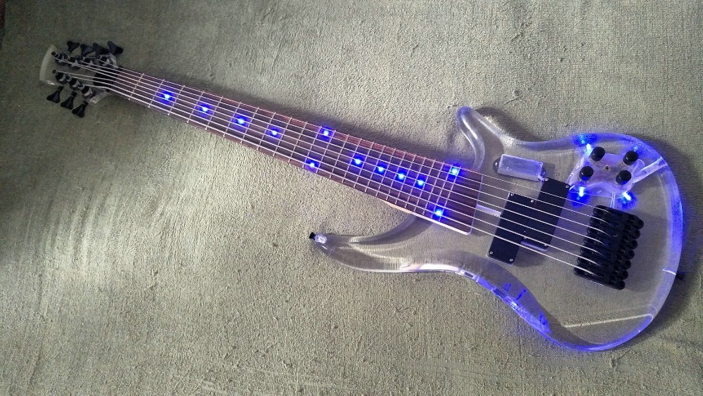7 Strings Bass Guitar Limited Edition Clear Acrylic Body Rosewood fingerboard inlay Blue LED lamp Electric Bass Guitar