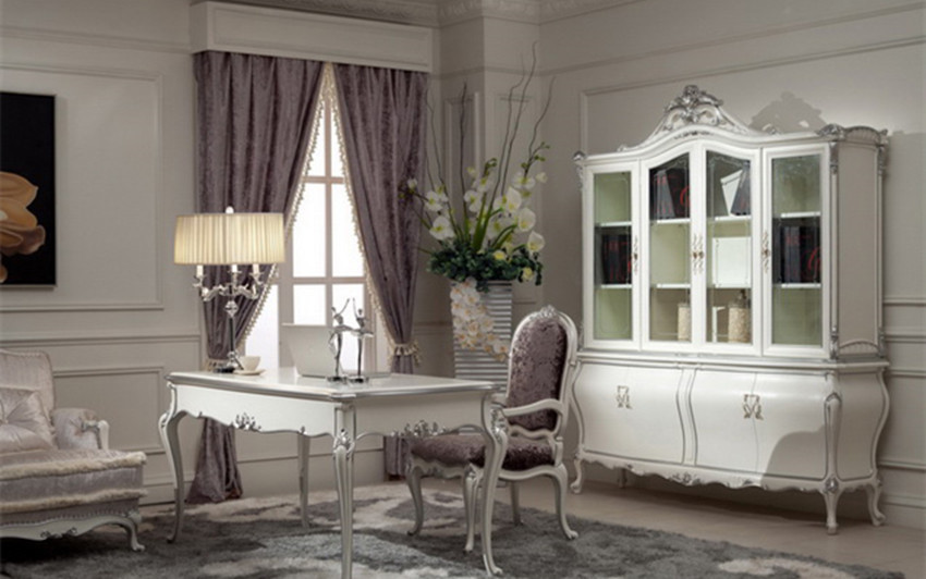 Glossy Royal Classic Home Office Desks Luxurious Wooden White Writing Table And Chair