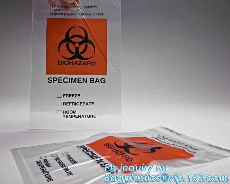 Laboratory Medical biohazard lab plastic specimen transport bag with double pouches, embossed reclosable biohazard speci