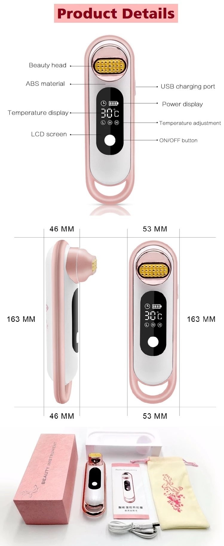 Vibration Massage LCD Display 163mm RF EMS Beauty Instrument