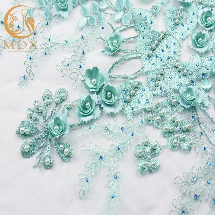 80% Nylon Bridal Lace Fabrics / Mint Green Lace Material With Rhinestone