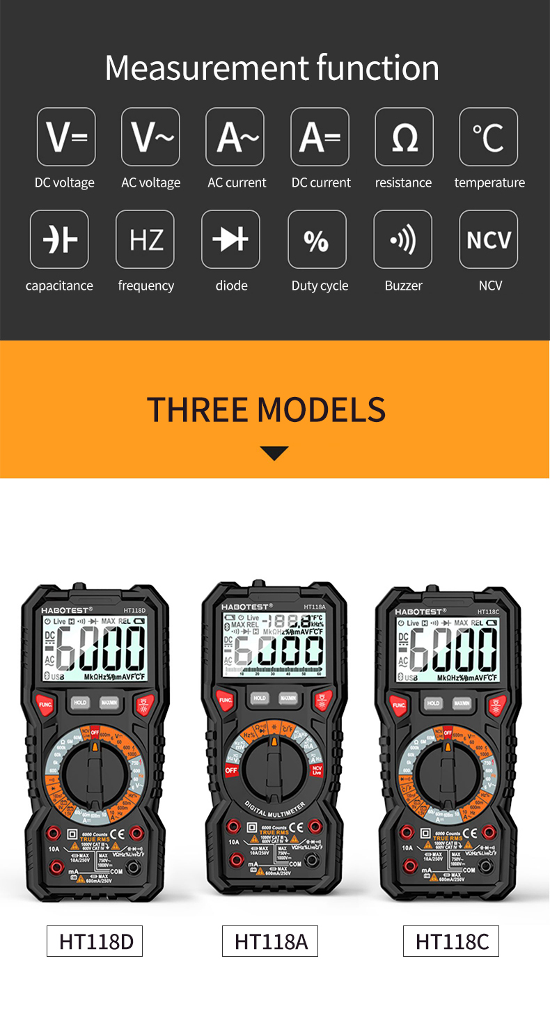 HT118A 6000 Counts 1000V 10A Auto Range Digital Multimeter