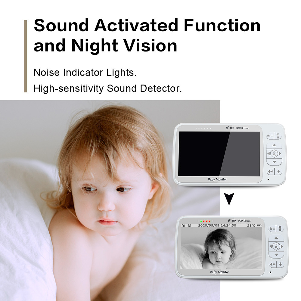 HD 5inch Display Wireless Digital Baby Monitor Voice Control Two Way Video Monitor