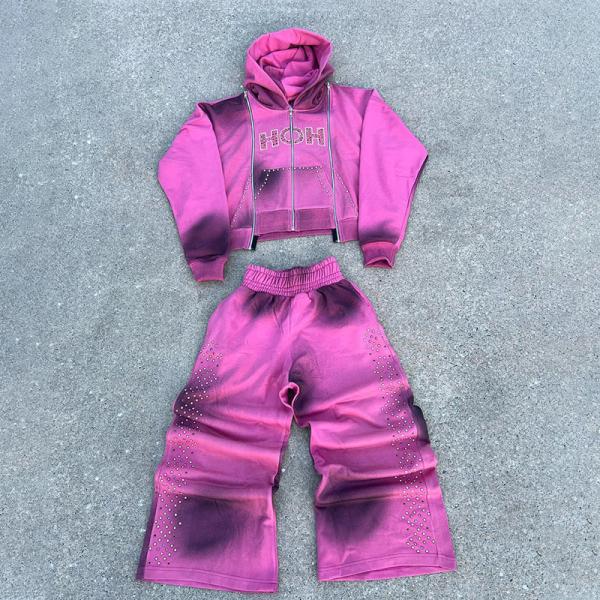 OEM Manufacturer Custom Rhinestone Zip up Hoodie Three Zippers Acid Washed