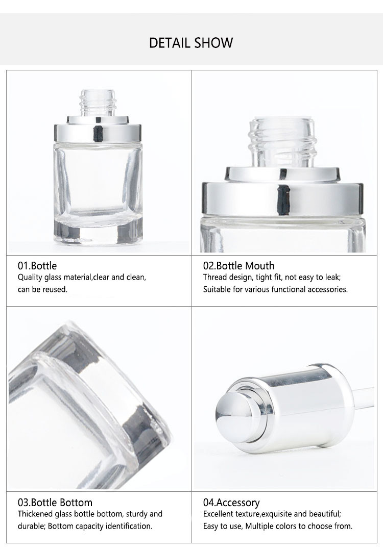 30ml Round Shoulder Cosmetic Glass Press Essential Oil Essence Dropper Bottle