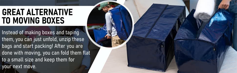 Alternative to moving boxes. No need to make boxes and tape them. Moving bags can start packing now