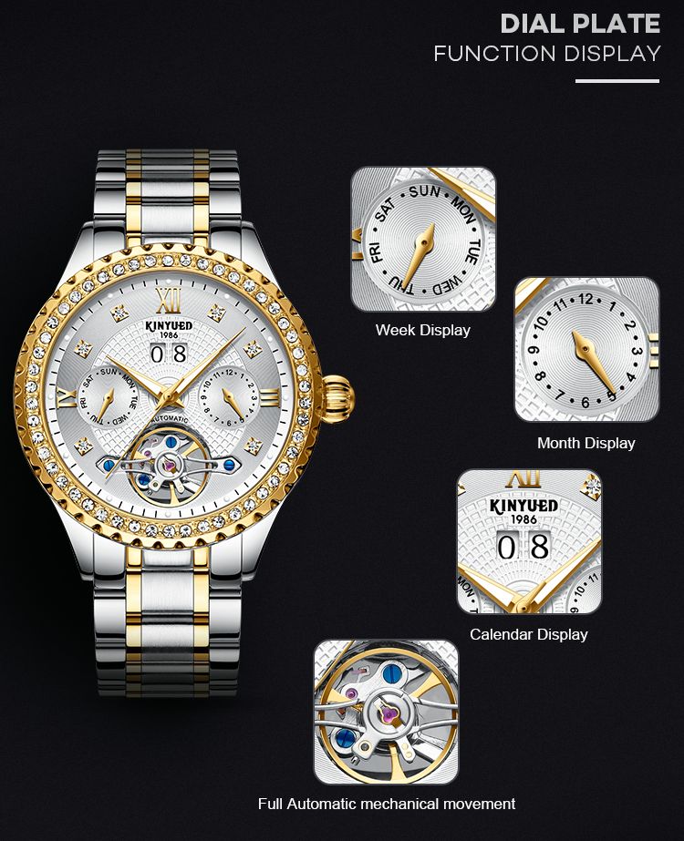 KINYUED calendar wrist watch gold dial with diamond case automatic mechanical watch