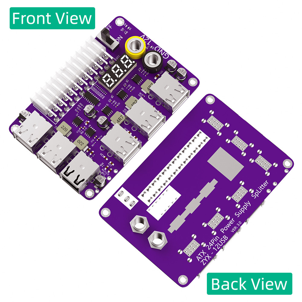 ATX 24 Pin Power Supply Breakout Board with Acrylic Case Kit 3 Digit LED Display 12- port USB 2.0 & QC 2.0/ 3.0 & 12V Output