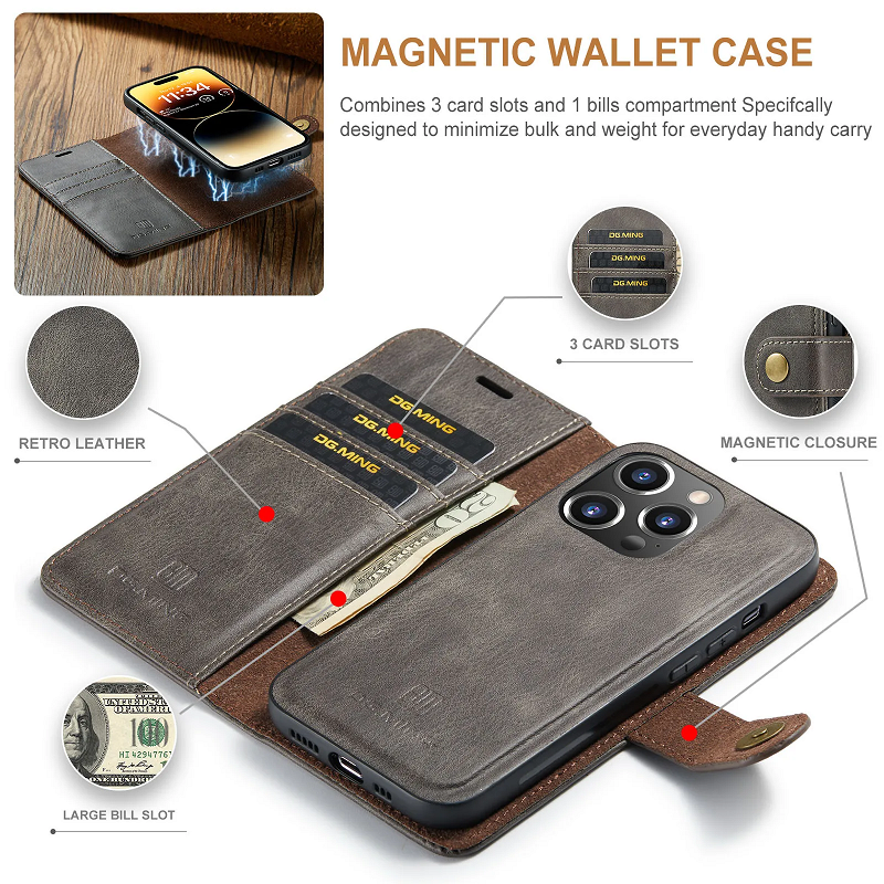 Card Flip Lanyard Phone Case Dg.Ming Pu Leather Mobile Phone Wallet for iPhone 15 Pro Max