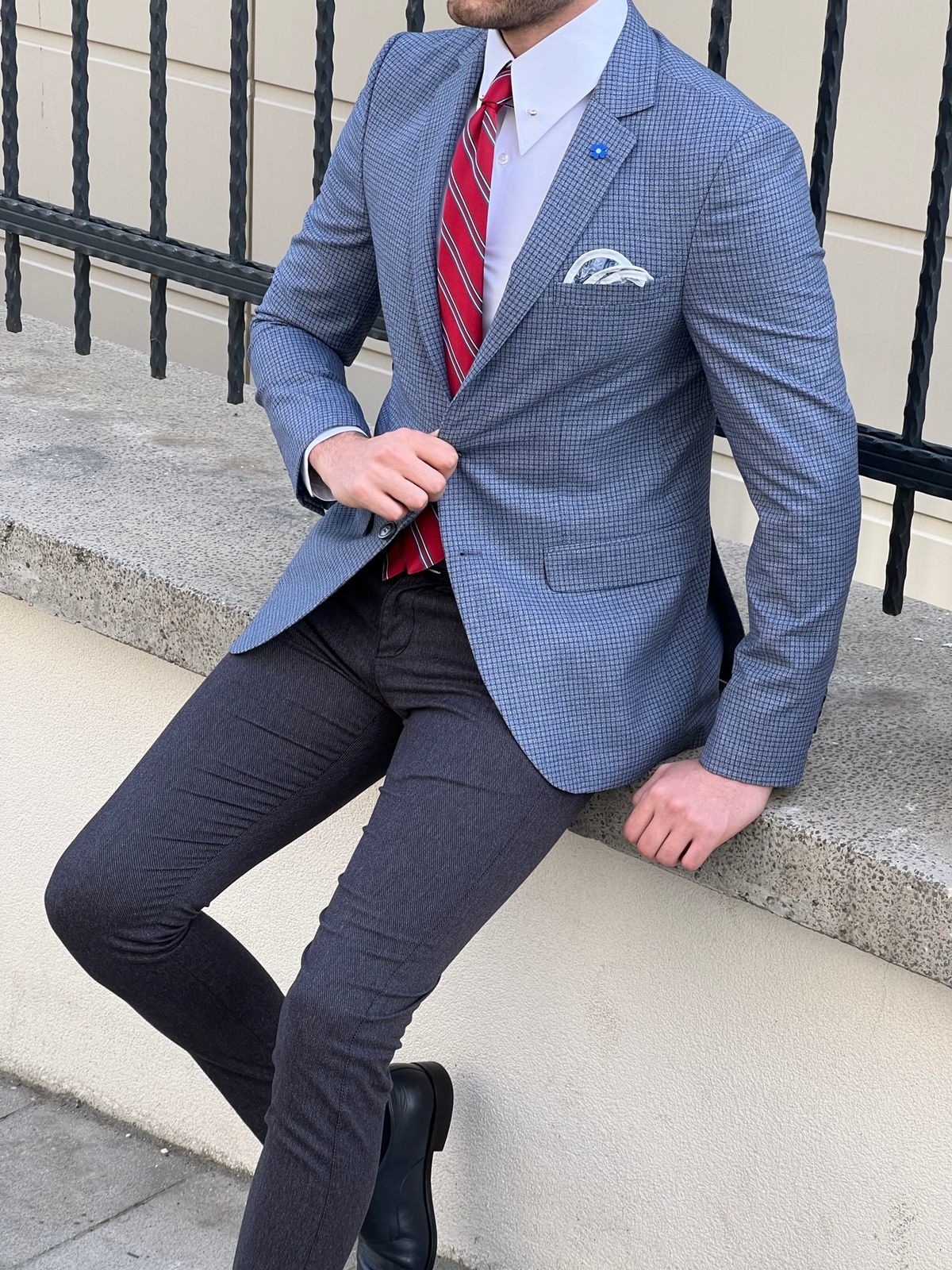 Slim Fit Business Casual Suit Jacket Plaid Blue Cotton Blazer