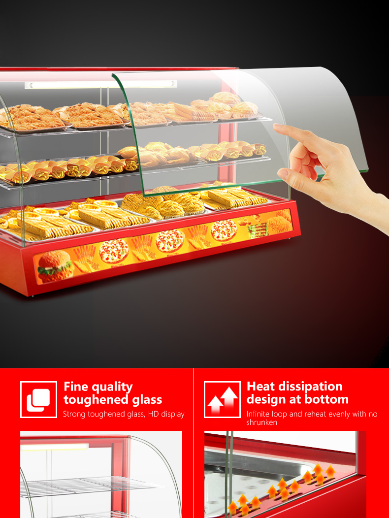 Professional Electric Red Glass Food Warmer Display Showcase with Toughened Glass