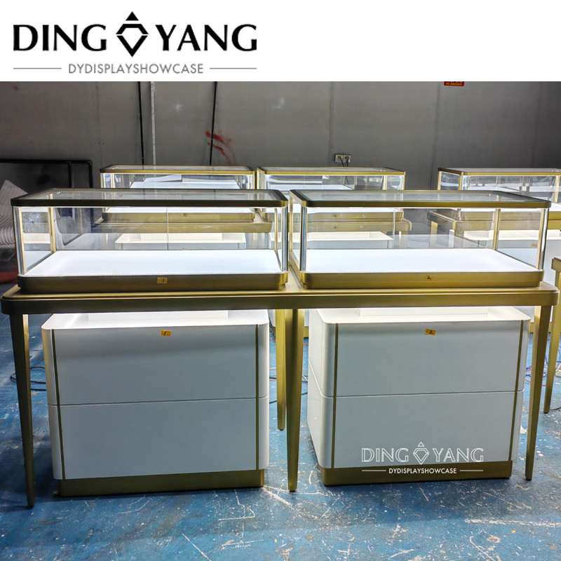 Custom Jewellery Store Showcase With Tapered Legs And Tempered Glass Panels