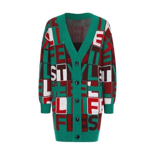 New V Neck Long Sleeved Monogram Jacquard Knitted Cardigan Coat Women&prime;s Sweater