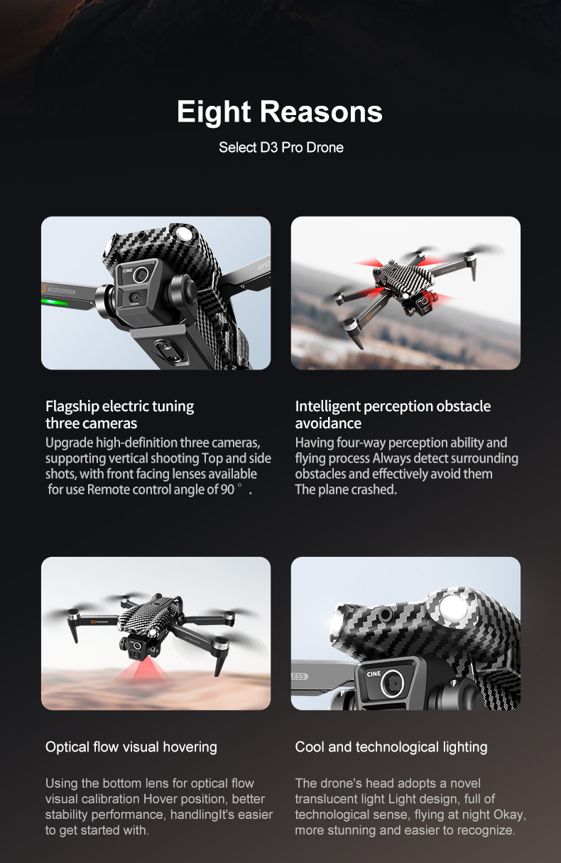 Beginner Operator Skill Level Portable RC Drone with Obstacle Avoidance and Triple Camera D3 Pro 4k Brushless Motor
