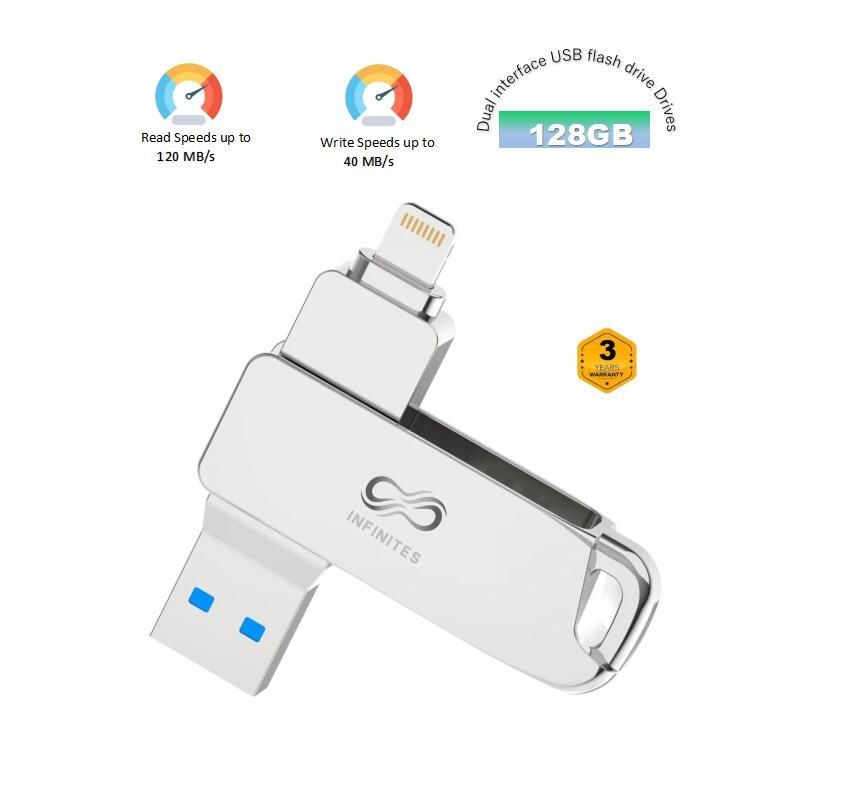 Infinites 128GB USB OTG Flash Drive for Apple Dual Interface USB Flash Drive Read Speed of up to 120 MB/S and a Write Speed of 40 MB/S